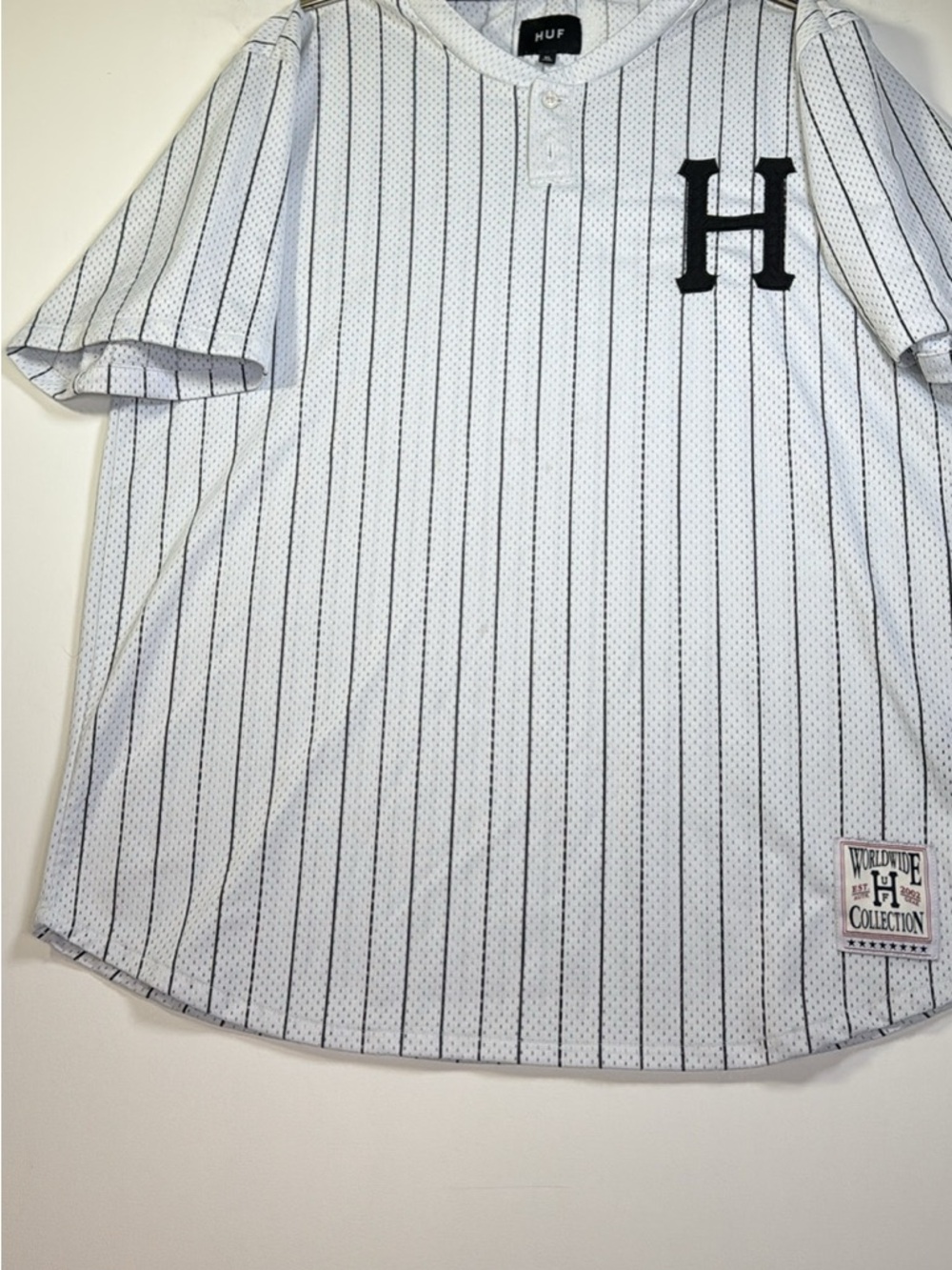 HUF White Pinstripe Baseball-Style Jersey with Black 'H' Patch